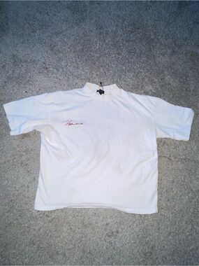 IMAN White Short Sleeve Tee with Red Script Logo